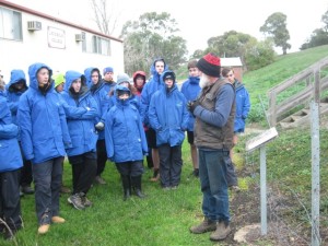 David Franklin of Grasslands Flora talking to yr 9 students about propagating native grasses and wildflowers, Lake Bolac Foreshore